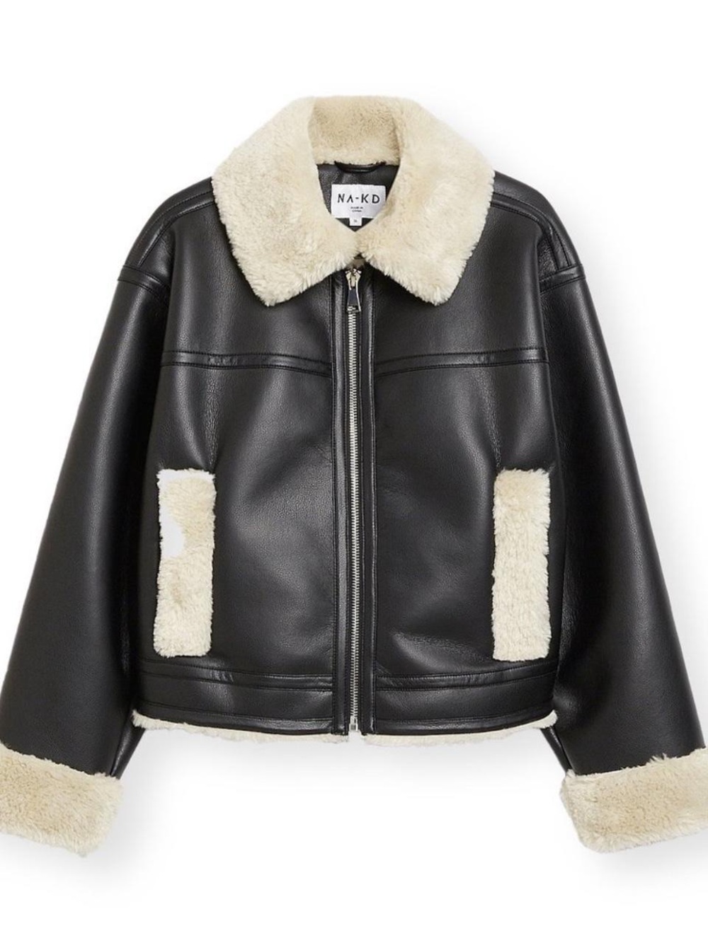 Black Faux Leather Sherpa-Trim Jacket by Zara